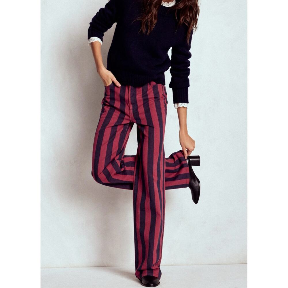 NWT Boden High Rise Stripe Straight Leg Pants 27 Petite Burgundy Navy - Picture 3 of 13